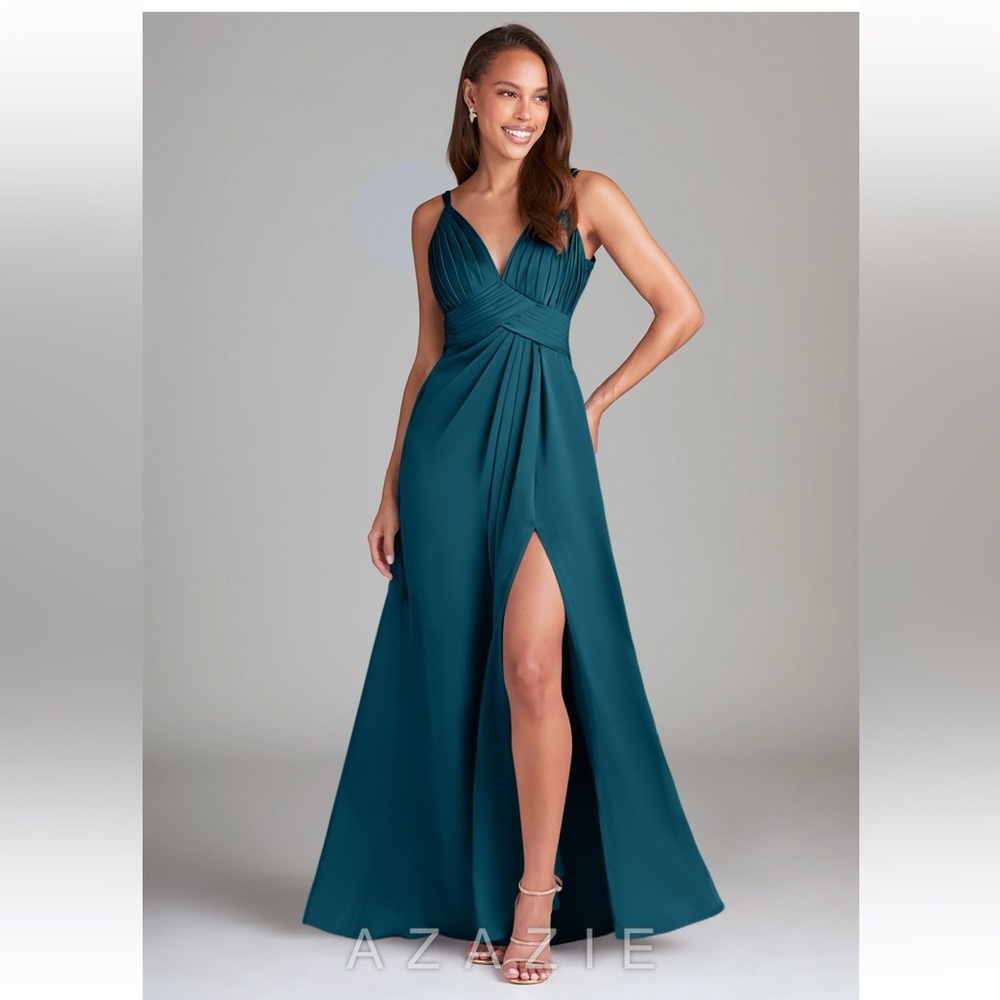 Azazie Ink Blue Maren Allure with Slit V-Neck